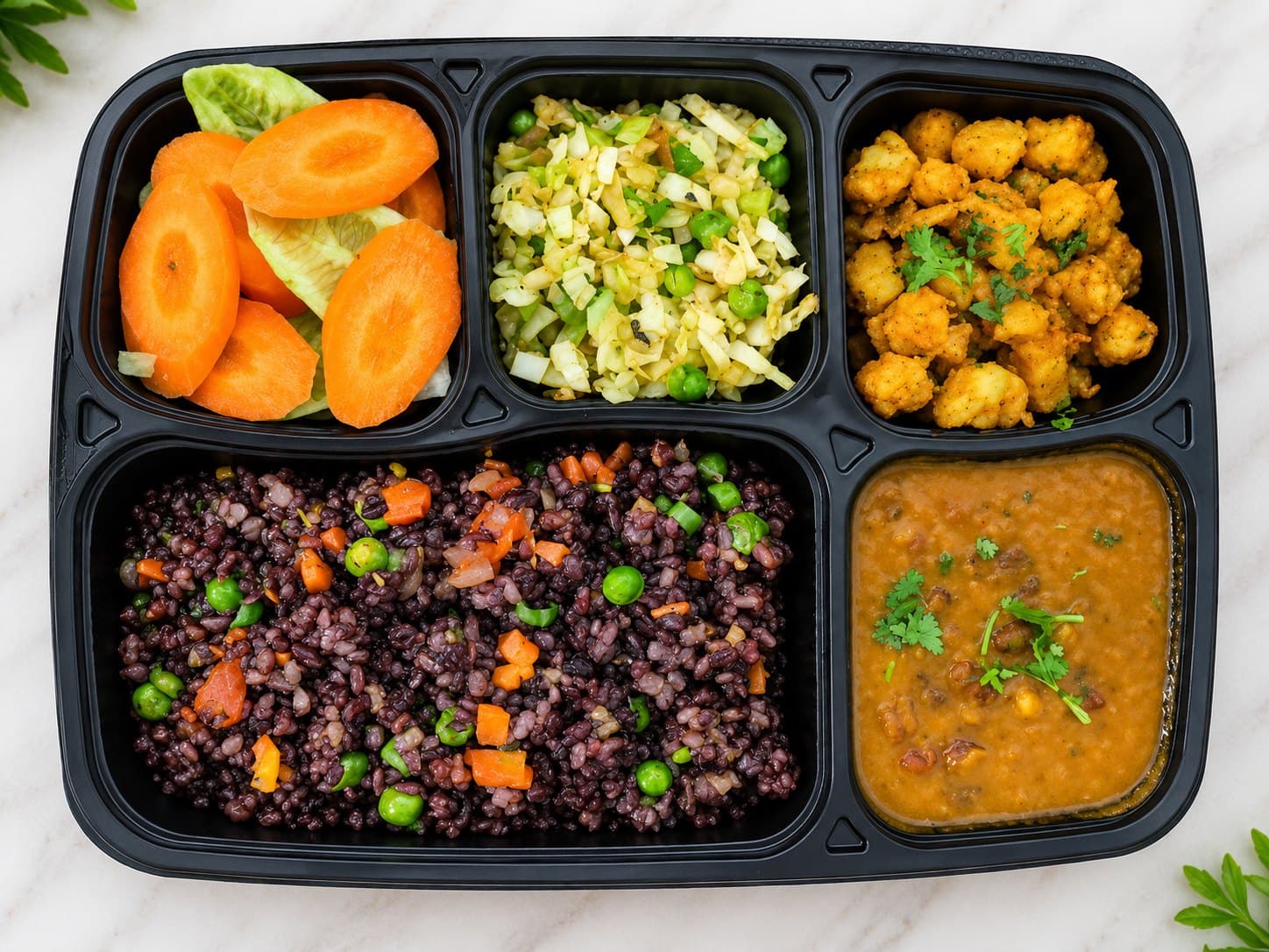 A real Kefilo veg lunch tray: black rice with vegetables, carrot salad, sautéed cabbage and peas, a spiced protein side and curry