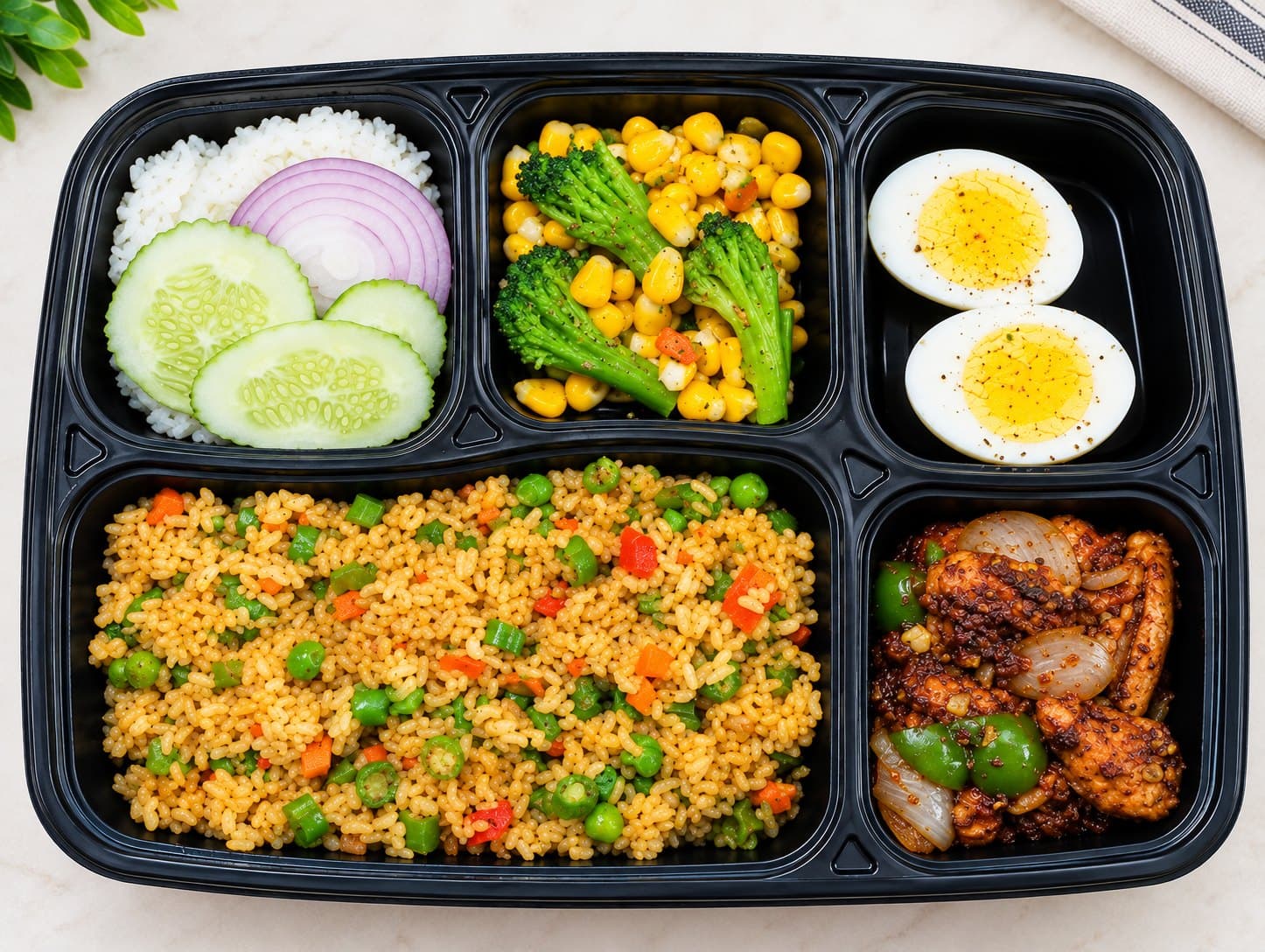 A real Kefilo lunch tray on a non-veg day: vegetable rice, plain rice with cucumber and onion salad, sautéed corn and broccoli, boiled eggs and spiced chicken